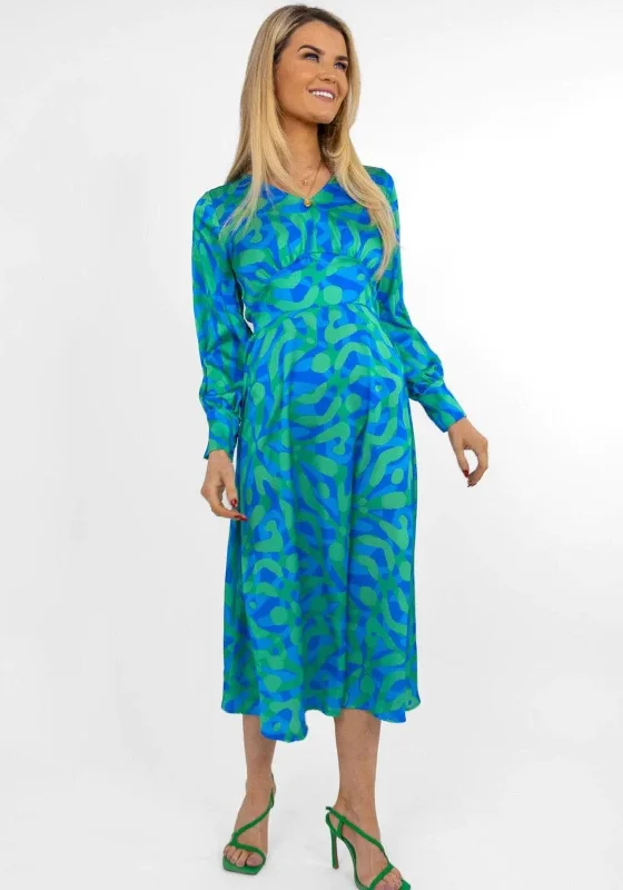 Kate & Pippa Birkin Satin Feel Print Midi Dress, Blue & Green Wrap midi dresses