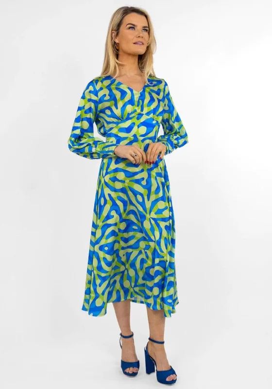 Kate & Pippa Birkin Satin Feel Print Midi Dress, Blue & Lime Birthday midi dresses