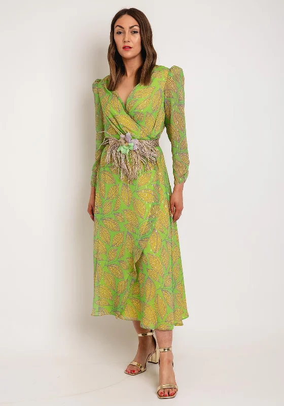 Laura Bernal Leaf Print Wrap Midi Dress, Green Leather midi dresses