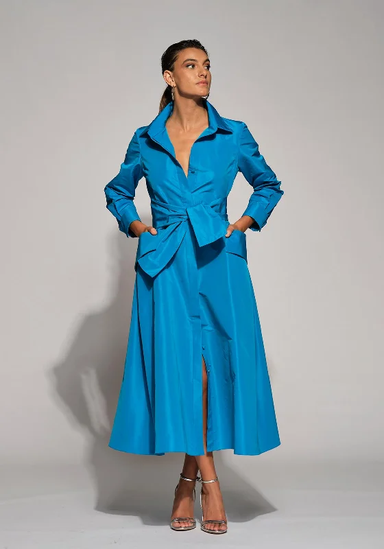 Moskada Amanda Tie Waist Taffeta Midi A-line Dress, Blue Halter midi dresses