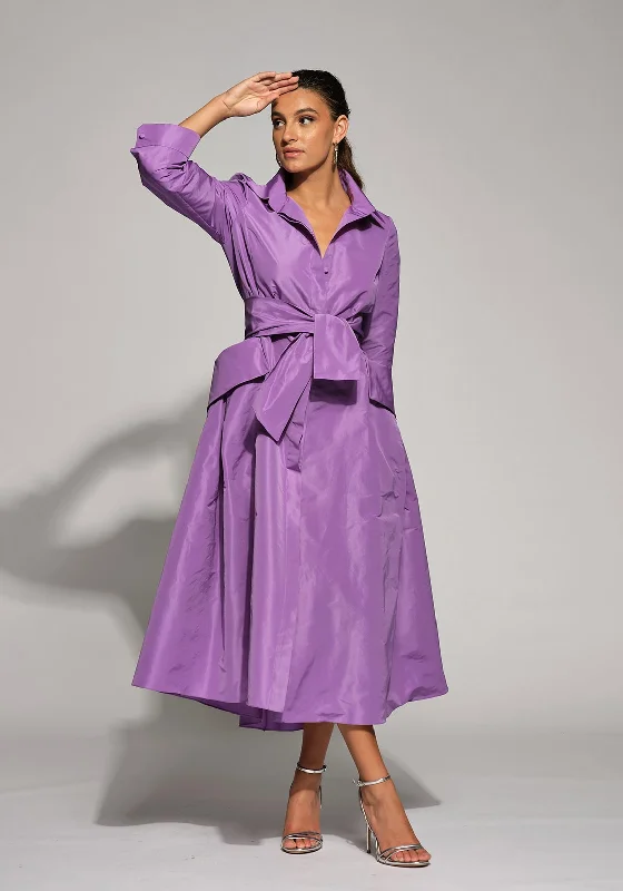 Moskada Amanda Tie Waist Taffeta Midi A-line Dress, Purple Smocked midi dresses