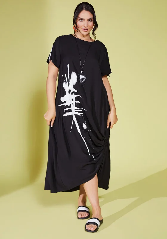 Ora Contrast Print Drawstring Detail Midi Dress, Black Edgy midi dresses