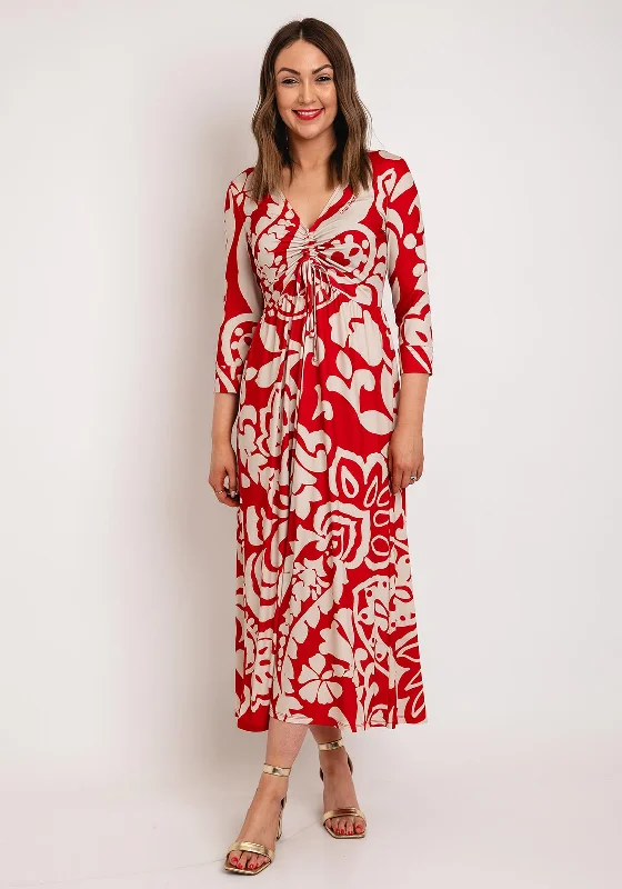 Oui Drawcord Detail Paisley Midi Dress, Red & White Sleeveless midi dresses