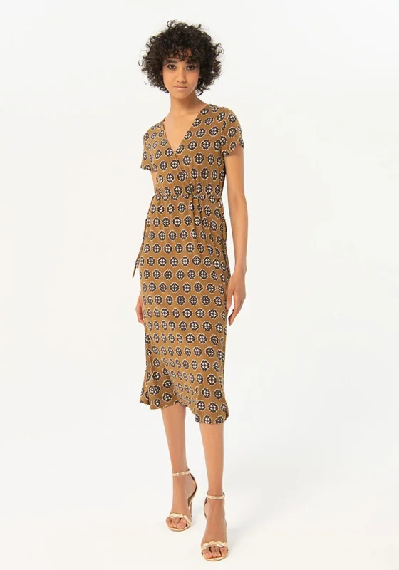 Surkana Wrap V-Neck Printed Midi Dress, Khaki Fall midi dresses