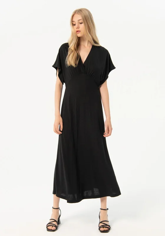 Surkana Bat Wing Sleeves Linen Midi Dress, Black Summer party midi dresses