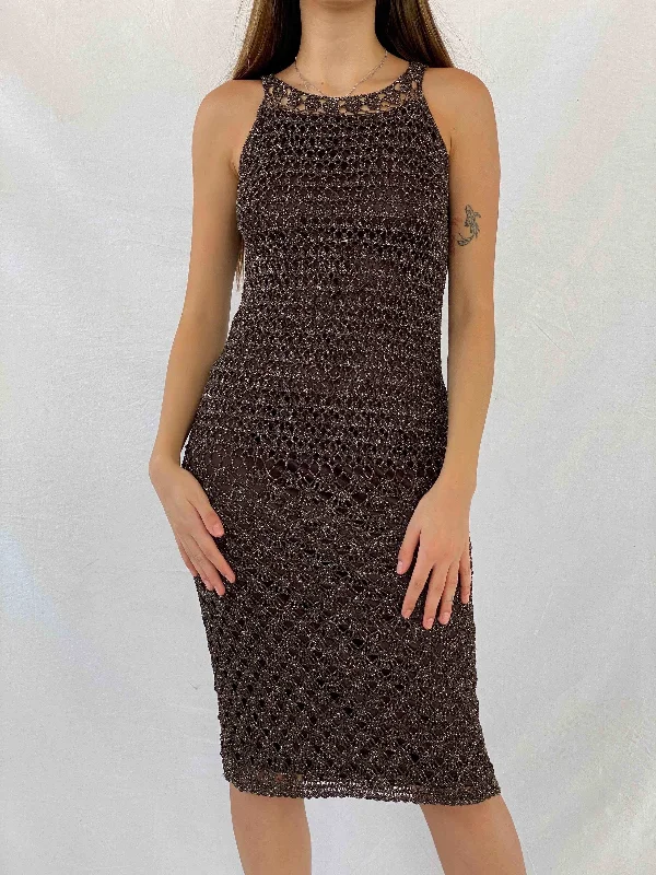 Vintage Glitz By Nexus Crochet Midi Brown&Gold Dress Y2K midi dresses