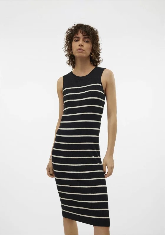 Vero Moda Gizelle Rib Stripe Midi Dress, Black Preppy midi dresses