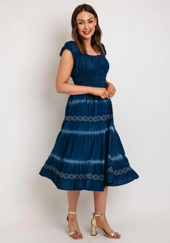 Serafina Collection One Size Shirred Waist Midi Denim Dress, Dark Denim Denim midi dresses Serafina Collection One Size Shirred Waist Midi Denim Dress, Dark Denim Denim midi dresses