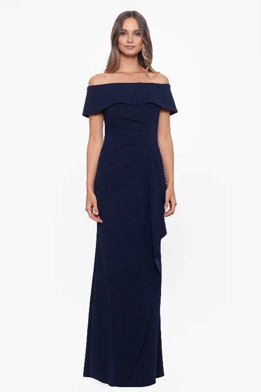 Petite "Lindsay" Long Scuba Crepe Off the Shoulder Dress Must-have maxi dresses for this season