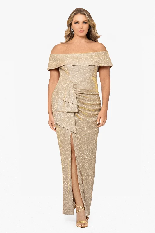 Plus "Tessa" Long Glitter Off the Shoulder Ruffle Dress Sleeveless maxi dresses