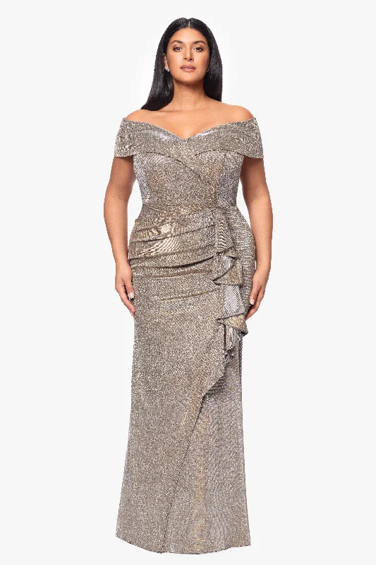 Plus "Raveena" Long Foil Knit Off the Shoulder Floor Length Ruffle Dress Best maxi dresses for curvy figures Plus "Raveena" Long Foil Knit Off the Shoulder Floor Length Ruffle Dress Best maxi dresses for curvy figures