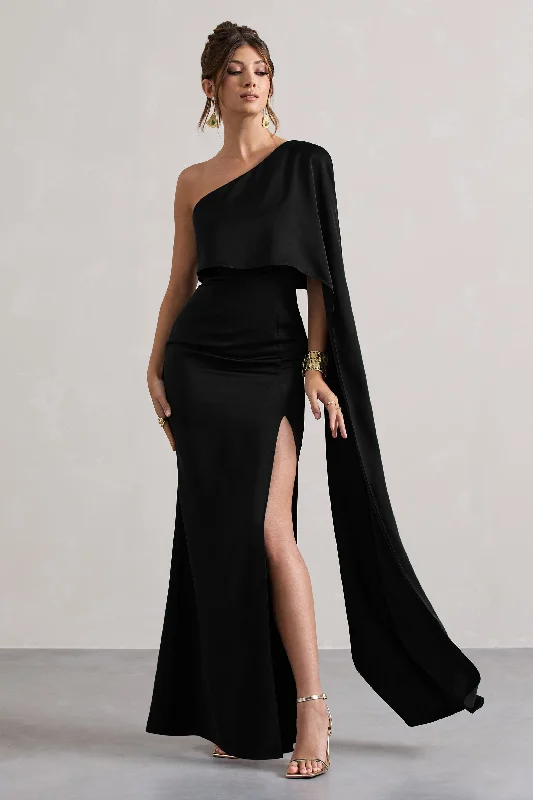 Amora | Black Satin Asymmetric Cape-Sleeve Split Maxi Dress Leather maxi dresses