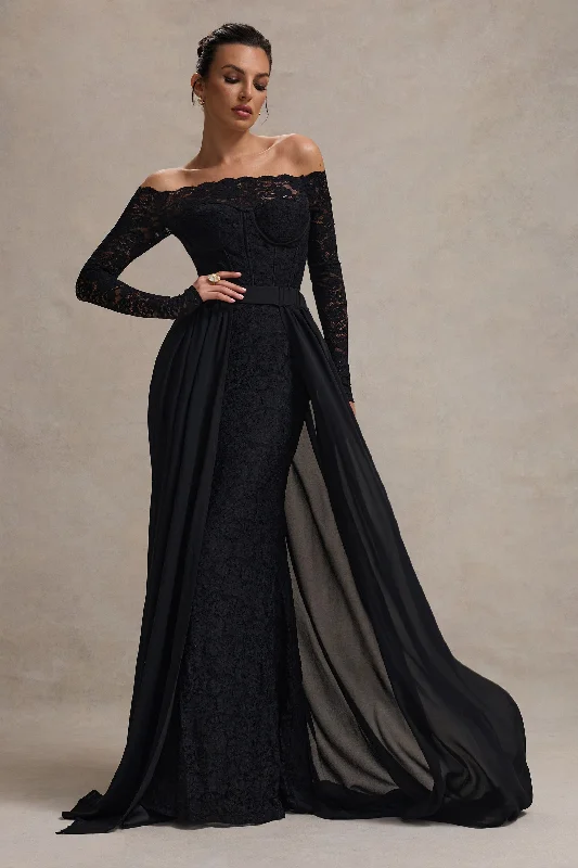 Astoria | Black Lace Bardot Maxi Dress With Chiffon Skirt Satin maxi dresses