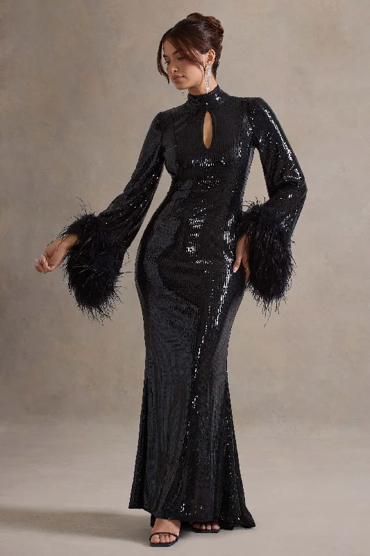 Cosmic Star | Black Sequin High-Neck Maxi Dress With Feather Cuffs Minimalist maxi dresses Cosmic Star | Black Sequin High-Neck Maxi Dress With Feather Cuffs Minimalist maxi dresses