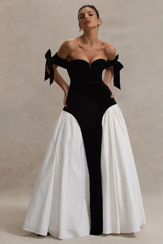Cyndi | Black & Cream Velvet Bardot Maxi Dress With Volume Skirt ASOS maxi dresses