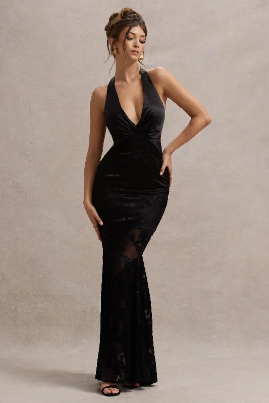 Sunset Tales | Black Satin Devore Plunge-Neck Fishtail Maxi Dress Women's trendy maxi dresses sale Sunset Tales | Black Satin Devore Plunge-Neck Fishtail Maxi Dress Women's trendy maxi dresses sale