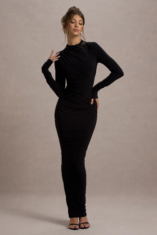Hespera | Black High-Neck Long-Sleeve Gathered Maxi Dress Birthday maxi dresses