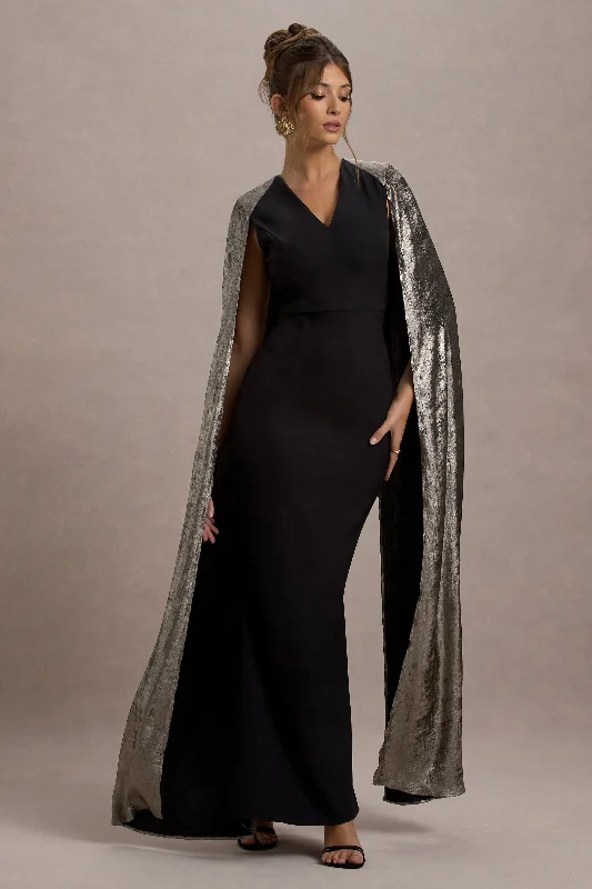 Ilenia | Black V-Neck Maxi Dress With Metallic Cape Edgy maxi dresses
