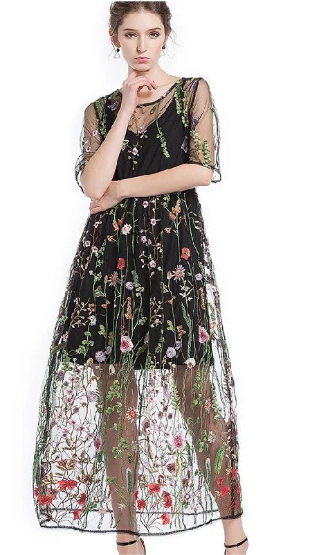 Immeasurable Joy Embroidered Mesh Maxi Dress - Black Stretchy maxi dresses
