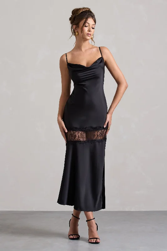 Matera | Black Satin Cowl-Neck Lace Trim Maxi Dress A-line maxi dresses
