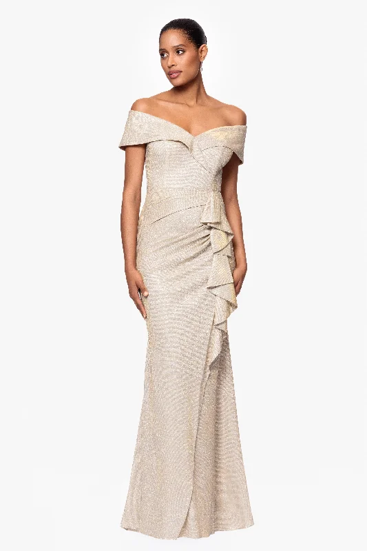 "Raveena" Long Foil Knit Off the Shoulder Floor Length Ruffle Dress Street style maxi dresses