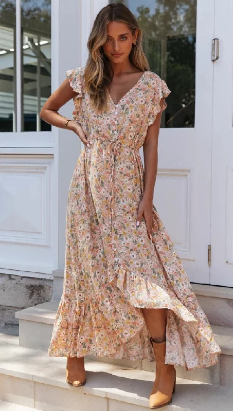Sanae Floral Ruffle Cutout Maxi Dress - Pale Yellow Sexy maxi dresses