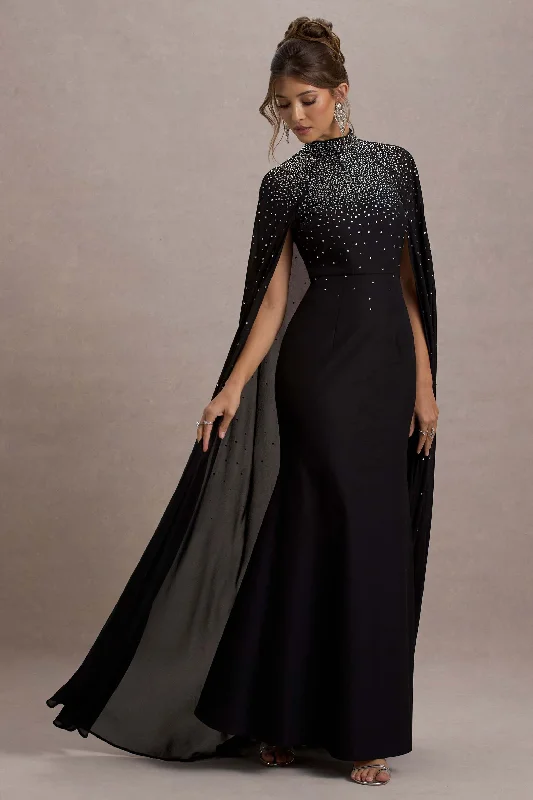 The Shallows | Black Embellished High-Neck Maxi Dress With Chiffon Cape Bodycon maxi dresses The Shallows | Black Embellished High-Neck Maxi Dress With Chiffon Cape Bodycon maxi dresses