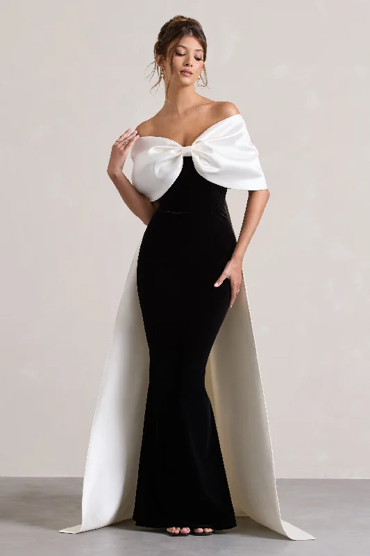 Wanting More | Black & White Satin Cape Maxi Dress With Oversized Bow Flowy maxi dresses Wanting More | Black & White Satin Cape Maxi Dress With Oversized Bow Flowy maxi dresses