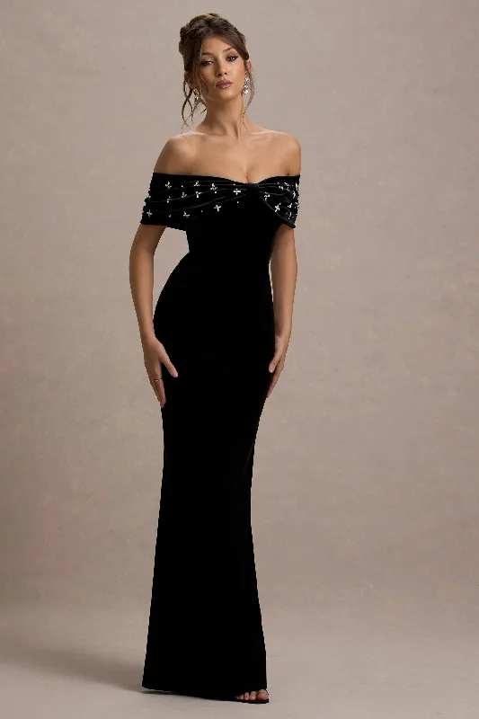 West End | Black Velvet Embellished Bardot Maxi Dress Zara maxi dresses