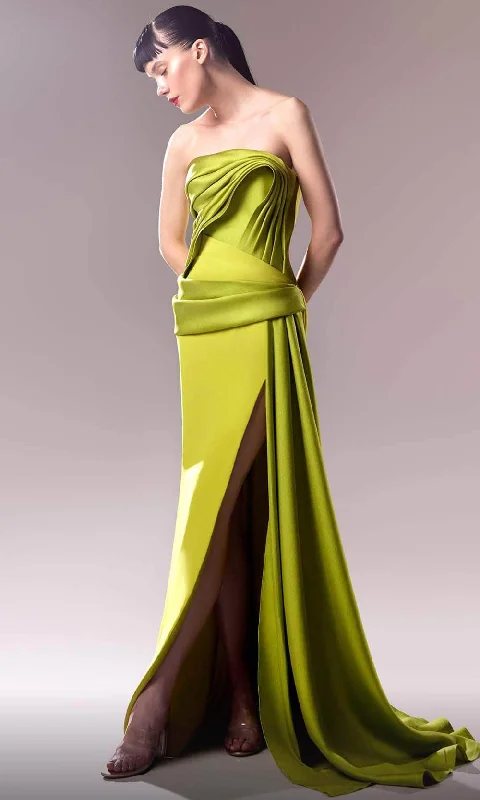MNM Couture G1617 - Pleat Ornate Evening Dress with Slit Smocked party dresses