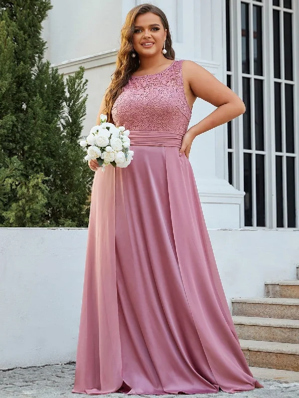 Round Neck Lace Bodice Chiffon Plus Size Evening Dresses Cheap party dresses