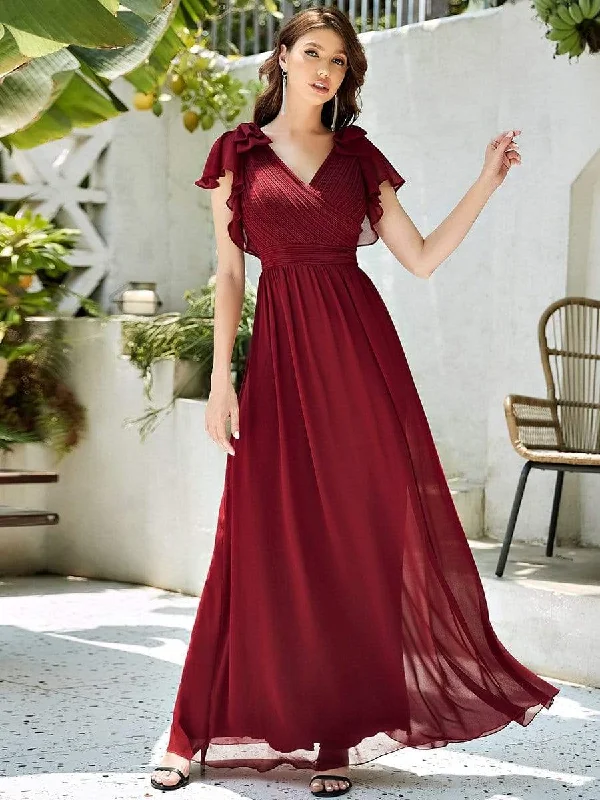 Elegant Pleated Bodice Ruffles Sleeves Chiffon Evening Dress Glamorous party dresses Elegant Pleated Bodice Ruffles Sleeves Chiffon Evening Dress Glamorous party dresses