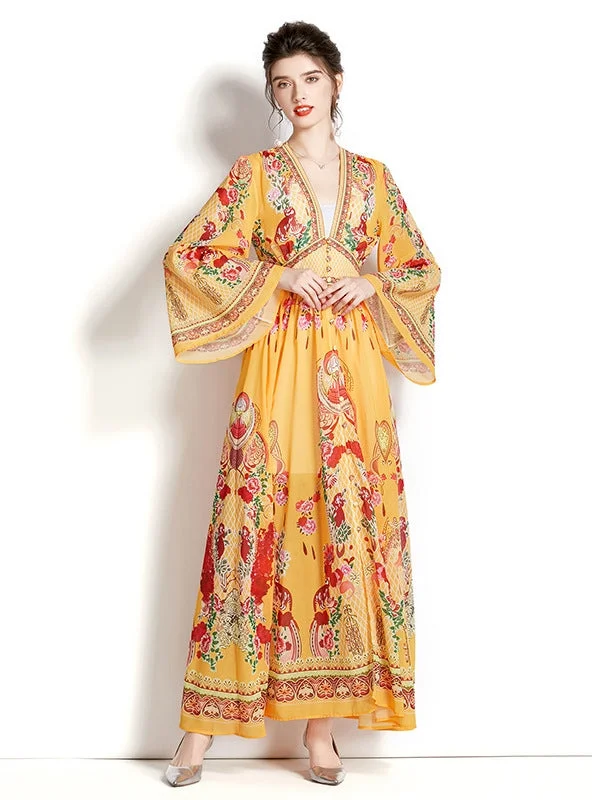 Long-sleeved V-neck Printed Dress Sexy floral print dresses