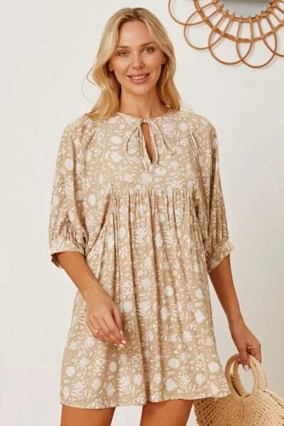 Blue Zone Planet |  Floral Tie Neck Ruched Babydoll Dress Stretchy floral dresses