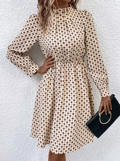 Blue Zone Planet |  Printed Ruched Mock Neck Long Sleeve Dress Tiered floral dresses