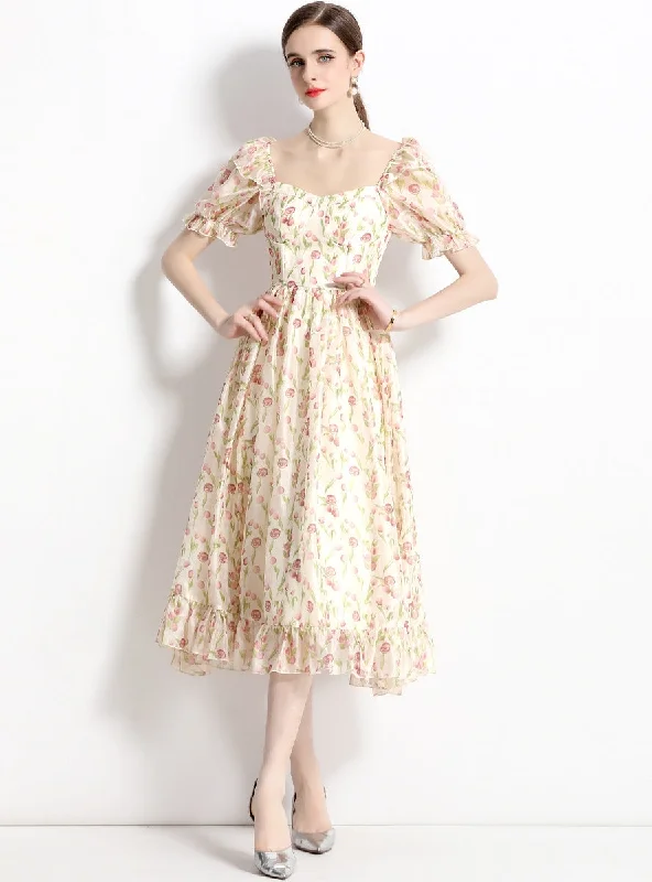 Bubble Sleeve Floral Chiffon Dress Flowy floral dresses