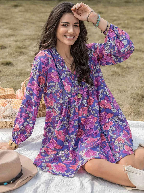 Floral Ruched V-Neck Long Sleeve Dress Best floral dresses for work