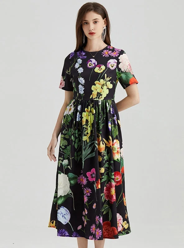 Flower Printed Short-sleeved Big Swing Dress Girls' floral dresses