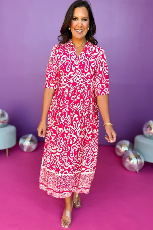 Fuchsia Paisley Printed Split Neck Collared Elbow Sleeve Dress *FINAL SALE* Smocked floral dresses