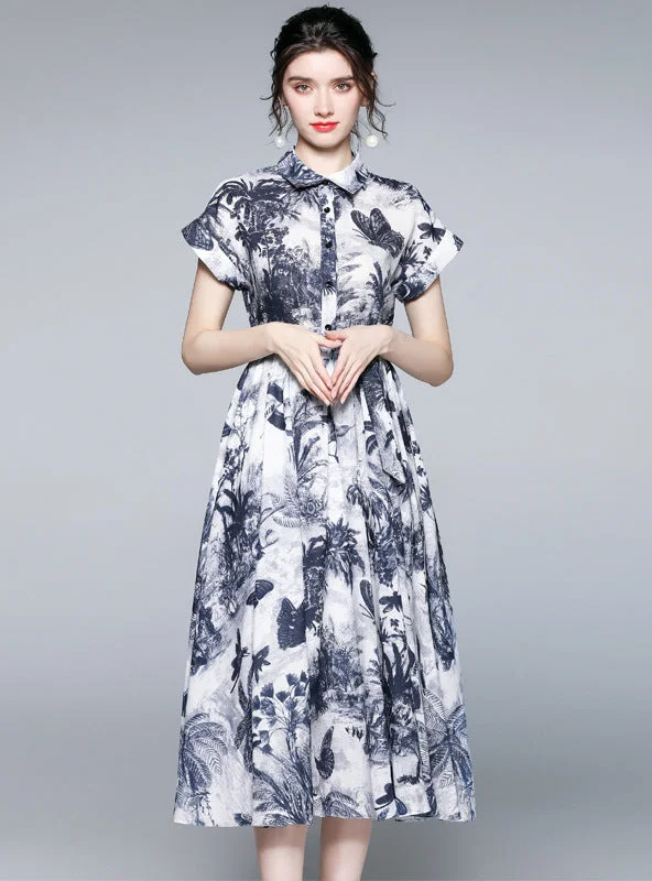 Lapel Short Sleeve Jungle Ink Print Dress Preppy floral dresses