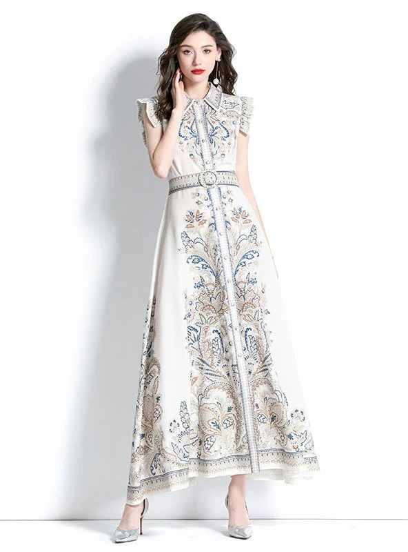 Lapel Sleeveless Printed Dress Lightweight floral dresses for hot weather