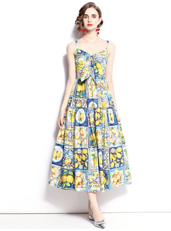 Lemon Printed Bow Slim Sling Dress Smocked floral dresses