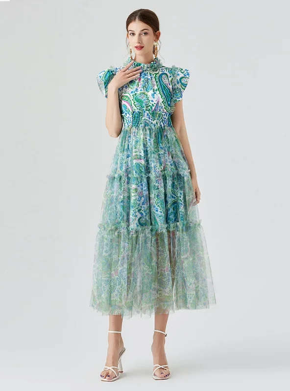 Lotus Leaf Elastic Gauze Printed Big Swing Dress Mini floral dresses