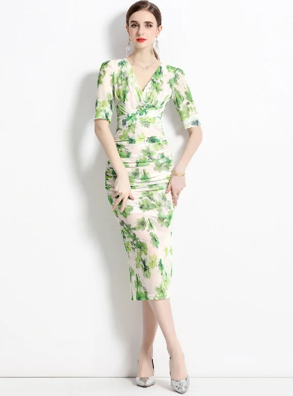 Mesh V-neck Pleated Split Floral Dress Outdoor floral dresses