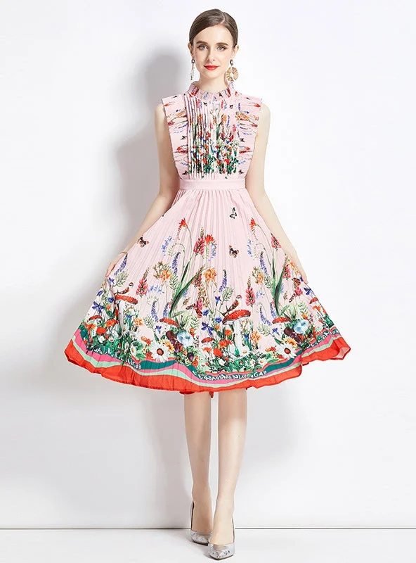 Pink Printed Pleated Sleeveless Dress Formal floral dresses