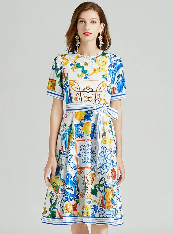 Porcelain Printed Stitching Round Neck Dress Expensive floral dresses
