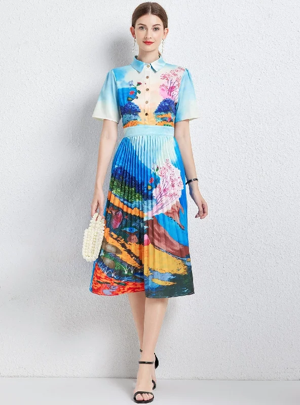 Print Pleats Short Sleeve Dress Maxi floral dresses