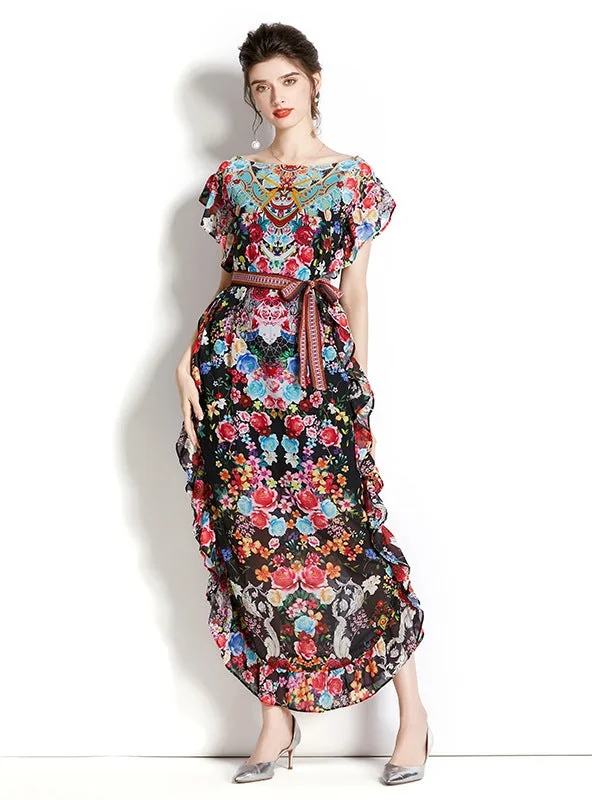 Printed Chiffon Ruffled Retro Dress Luxury floral dresses