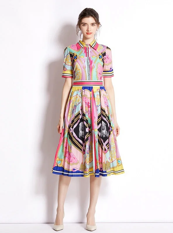 Printed Pleated Short Sleeves Dress New Year's Eve floral dresses