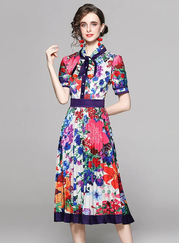 Printed Short Sleeve Slim Pleated Dress Petite floral dresses